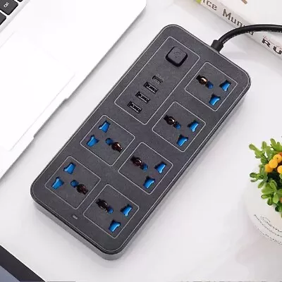 £14.99 • Buy 6 Gang Way Socket Extension Lead 2m Cable With 4 Usb Ports (3 Usba + Usb C)black