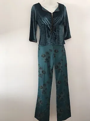 Karen Miller Turquoise Velvet Fitted Top Size 12 And Brocade Trousers Size 8 • £70