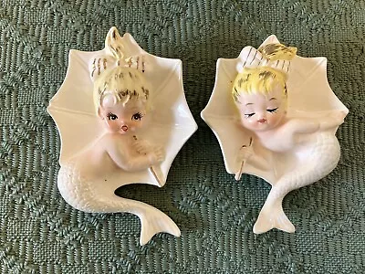 Vtg  Kitsch Enesco Ceramic Mermaids W/Umbrellas Wall Hangers Plaques Figurines • $152