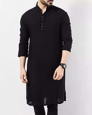 Indian 100% Cotton Men Kurta Shirt T-Shirt Black Tunic Top Solid Color All Size • $20.90