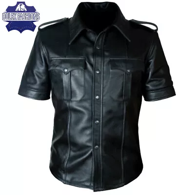 Men's Vintage Real Sheep Leather Half Sleeves Shirt Leather BLUF Police Uniform • $31.90