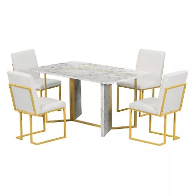 Dining Table Set 7 Pcs Modern Artificial Marble Sticker Top 6 Chair Steel Legs • $668.99