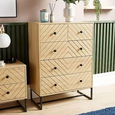 Chest 5 Drawers Aztec Design Oak Effect Metal Legs Bedroom Storage Furniture • £129.99