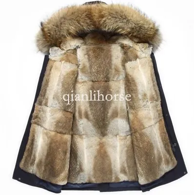 100 REAL Rabbit Fur Lined Long Mens Jacket Coat Genuine Raccoon Fur Hooded Parka • $461.50