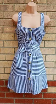 Asos Blue White Cotton Linen Buttoned Belted Nautical Sailor Shirt Dress 6 Xs • £19.99