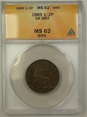 1889 Great Britain 1/2 Penny Copper Coin Queen Victoria ANACS MS 62 Brown • $148.50