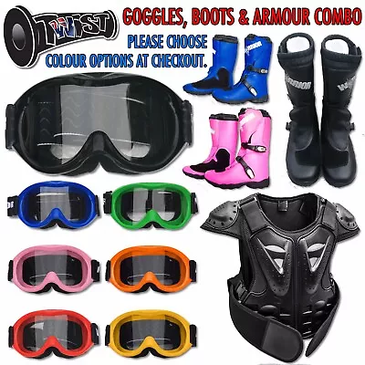 Peewee Kids Mx Dirt Bike Motocross Armour Goggles And Boots Kit Black • $349