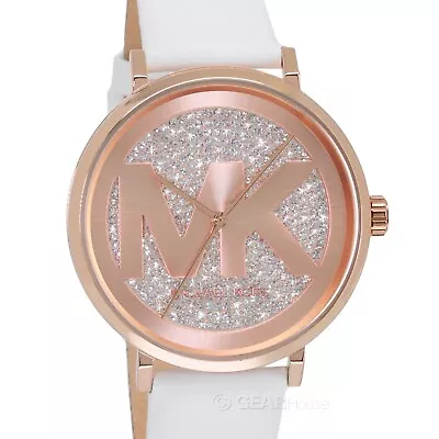 Michael Kors Womens Addyson Glitz Watch Rose Gold Pave Logo Dial White Leather • $113.81