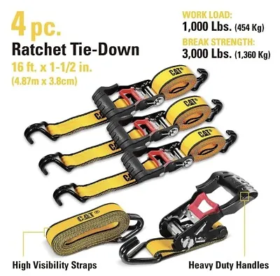 CAT Ratchet Tie Down Straps 4-Pack 16 Feet X 1.5 Inches 3000 Lb Hi-viz NEW • $37