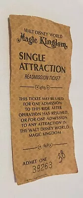 1970's Walt Disney World Magic Kingdom Single Attraction Readmission Ticket • $40