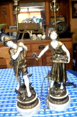 Antique French Moreau Figural Lamps Fisherman Flower Girl Bronzed Metal Pair • $498.99