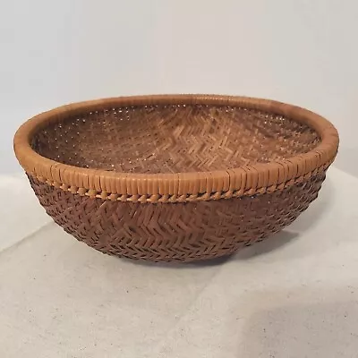 Vintage Handmade Woven Basket Round Bottom 9  Diameter 3.25  Tall Bread Storage  • $22