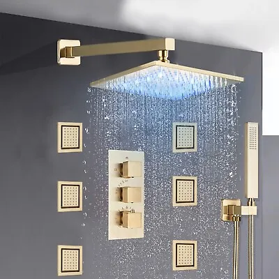 Brushed Gold 12 LED Rain Shower Faucet Set Kit Thermostatic Massage System Combo • $207.99