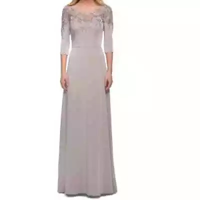 La Femme Gown Dress 18 Gray Embroidered Satin Sheer Illusion Formal Evening  • $48