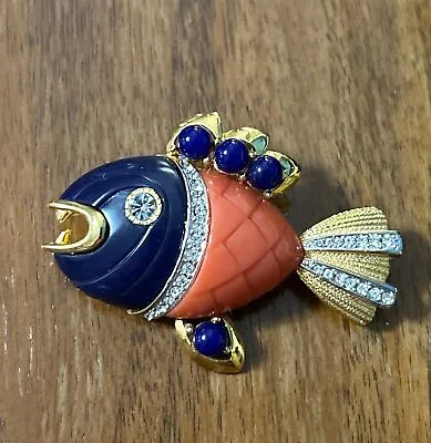 Vintage Hattie Carnegie Cobalt Blue & Faux Coral Rhinestones Fish Brooch 1960's • $225