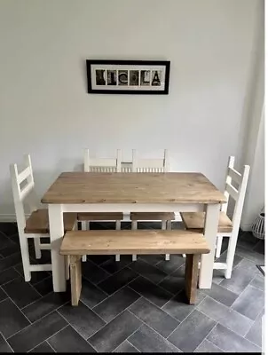 Beautiful Rustic Farmhouse Style Dining Table 4 Chairs And A Bench • £475