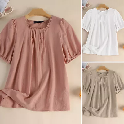 Womens Summer Short Sleeve Cotton Shirts Pleated Tops Casual Loose A Line Blouse • $20.19