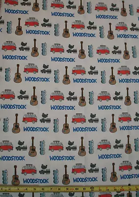 1969 WOODSTOCK ICON Toss Print Cotton Fabric 1 Yard VW Bus Guitar Music Springs • $9