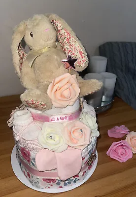 Baby Girl 2 Tier Nappy Cake Rabbit Toy Newborn Baby Gift Baby Shower Hamper New • £25