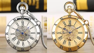 Roman Numerals Display Open Face Mechanical Self-Winding Retro Pocket Watch • £84.64