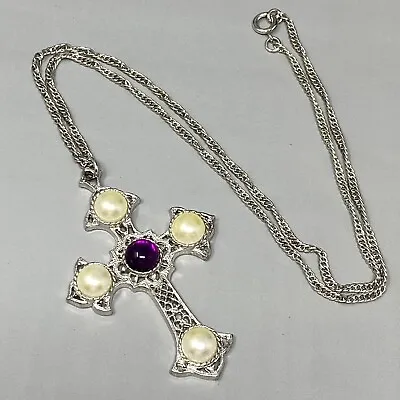 £29.66 • Buy Sarah Coventry Vintage Jewelry Necklace Cross Silver Tone Faux Pearl Cabochon 24