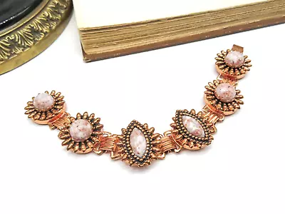 Vintage Copper Tone Pink White Mottled Cabochon Link Bracelet MM48 • $20.39