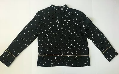 H&M Black Dotted Top US2/ EU32 Long Sleeve Gold Piping Stand-Up Collar Buttons • $12.50