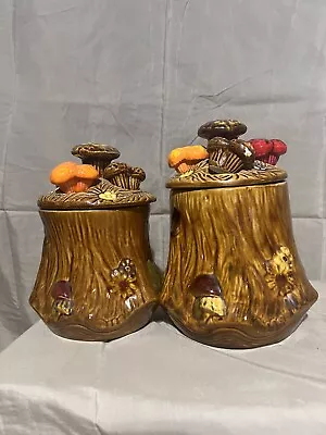 Set Of 2 Vintage 1970s Ceramic Tree Stump And Mushroom Canister / Cookie Jar • $90