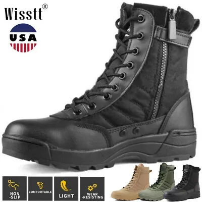 Mens Tactical Hiking Leather Military Ankle Boots Combat Police Work Army Shoes • $39.99