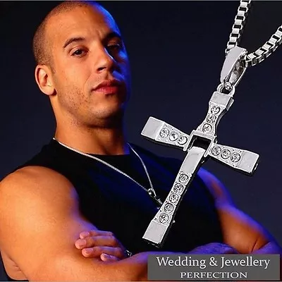 Mens Chain Necklace Silver Crystal Cross Pendant Rosary Jesus Men's Chunky Steel • £5.99