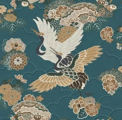 Rasch Akari Cranes Japanese Birds Floral Kyoto Teal Wallpaper 282770 • £8.99