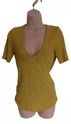 Mango Mustard Size Medium (12-14) V Neck Crinkle Stretch Top Womens • £0.99