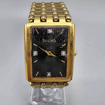 Bulova Tank Watch Men Gold Tone Black Dial Diamond Markers 24mm 97F21 New Batt • $28.79