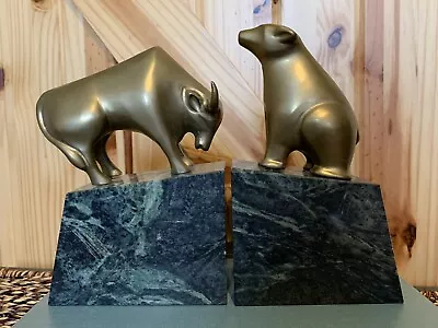 Vintage Bull & Bear Bookends Green Marble Brass Figures Stock Market Wall Street • $75