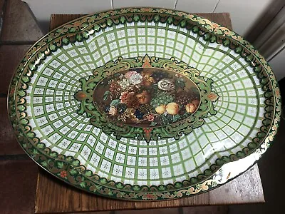 Vintage 1971 DAHER 20  X 15  Oval Large Green/Gold Serving Tray FRUIT/FLORAL • $16.24