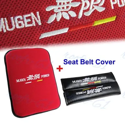 Red JDM MUGEN POWER Fabric Car Center Armrest Cushion Pad + Seat Belt Cover Set • $18.95