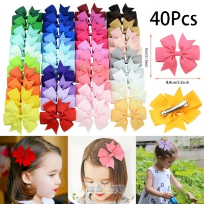 $14.75 • Buy 40pcs 3.5  Big Grosgrain Ribbon Hair Bow Clips For Baby Girl Toddler Kids Infant