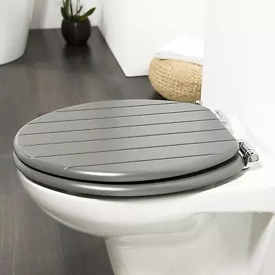 Wood Wooden Grey Toilet Seat Strong Silver Hinges Loo Seats Fittings Included • £19.90