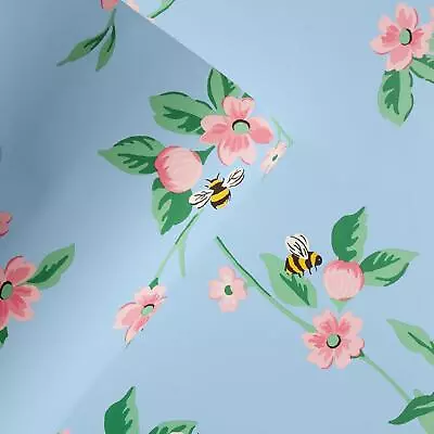 Cath Kidston Greenwich Flowers Wallpaper Bees Ladybirds Floral Blue/Pink 182513 • $42.61