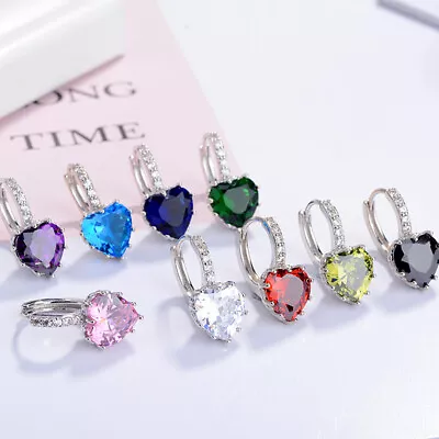 $6.59 • Buy 18K WHITE GOLD GF HEART HOOP EARRINGS Made With Zircon CRYSTAL XMAS GIFT