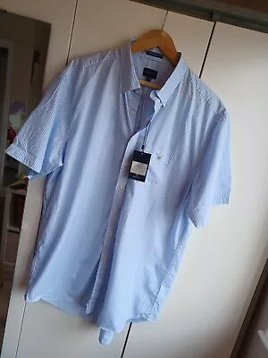 Gant The Broadcloth Banker Regular Blue White Striped Short Sleeve Cotton Shirt • £30