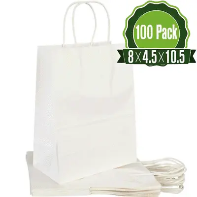 $30.99 • Buy 100 Pcs Paper Bags White Kraft Bag With Handles Gift Retail Merchandise Shopping