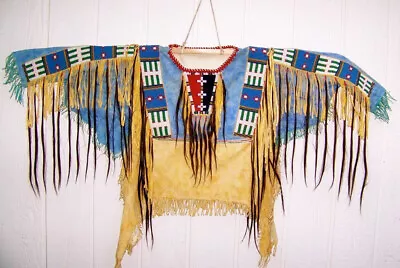 Old American Handmade Beige Buckskin Suede Beaded Powwow Regalia War Shirt  NS95 • $181.44