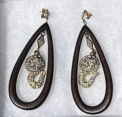 Brown Wooden Earrings With Rhinestone Snake By Eva  Jeanbart Lorenzotti V • $26