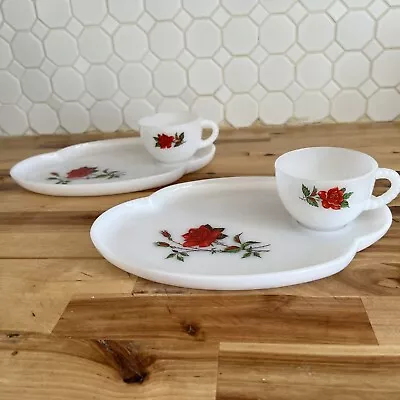 2 Vintage White Milk Glass Scalloped Plates & Tea Cup Snack Set Floral Red Roses • $28.99