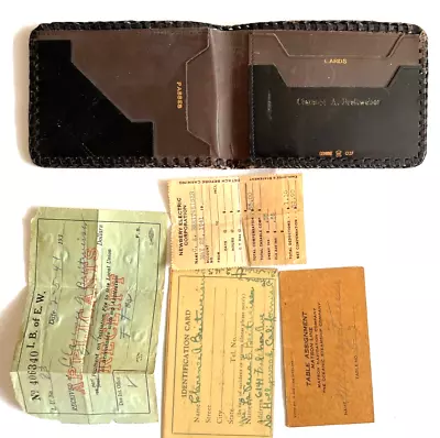 Vintage 1941 Dark Brown Leather Wallet Deco Design With Documents. • $50