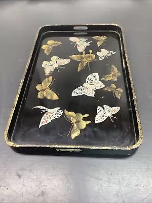 Vintage Antique Black Lacquer Tray Made In Japan With Butterflies Read! • $17