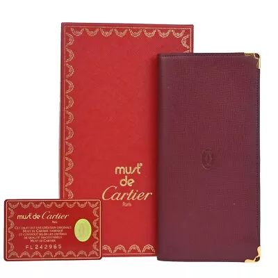 Must De Cartier 2C Logo Vertical Long Bifold Wallet Leather Bordeaux 61KA138 • $108