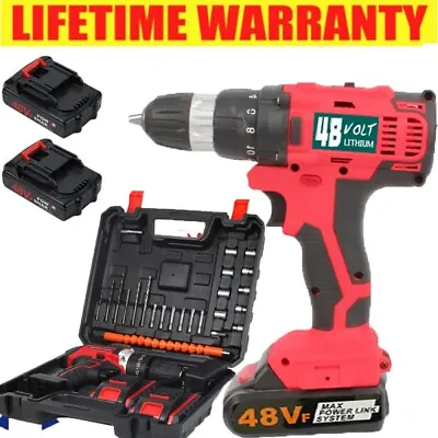 Heavy Duty 48V Cordless Drill + 2 Battery Impact Driver Kit Hammer Screwdriver • £34.98