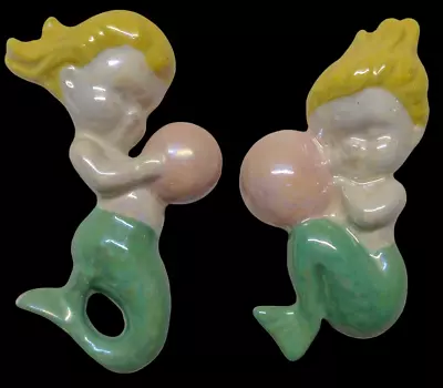 Pair Mermaids Vintage Japan Norcrest Ceramic With Bubble Plaque Figurines • $99.99